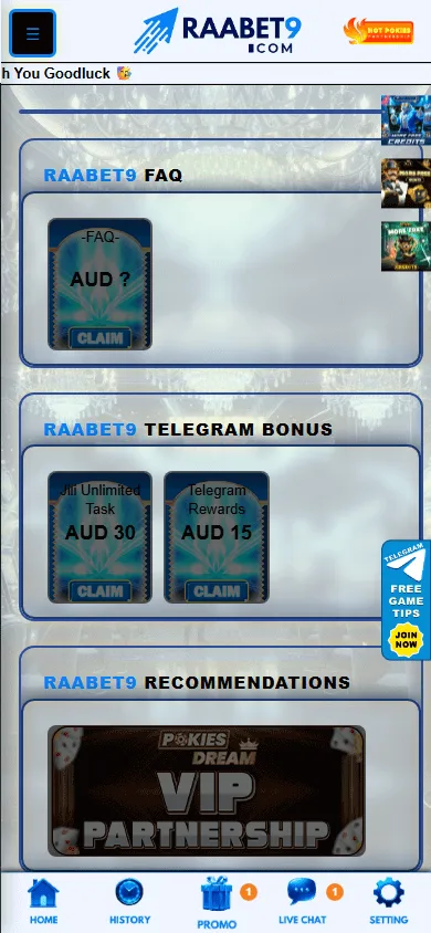 Raabet9 Casino promotions area on a mobile device